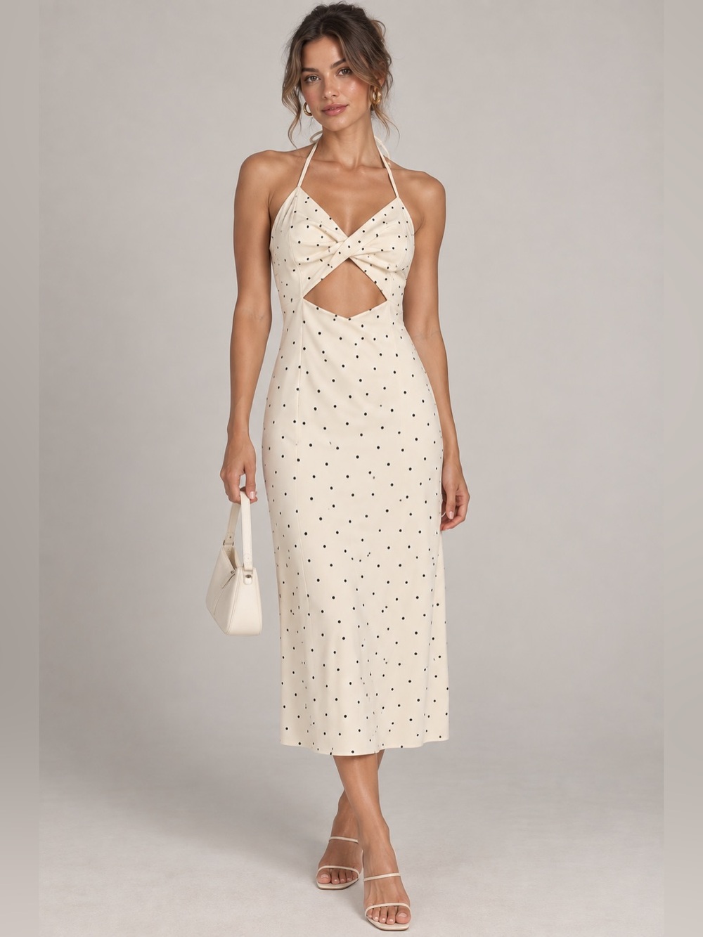 Valentine Boutique Polka Dot Twist-Front Halter Midi Dress
